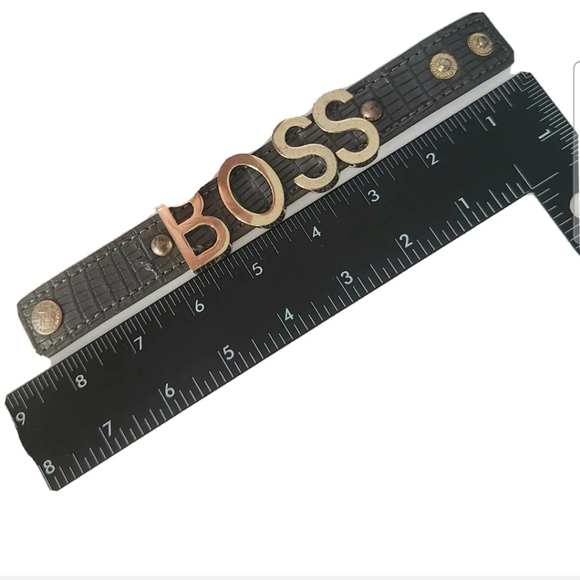 BCBGeneration BOSS Leather Cuff Bracelet Gold Tone Letter Charm BCBG Boho Snap - Picture 8 of 10